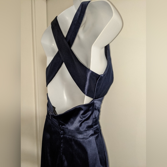 Blue satin cocktail mini dress criss cross low back with pockets - Picture 2 of 8